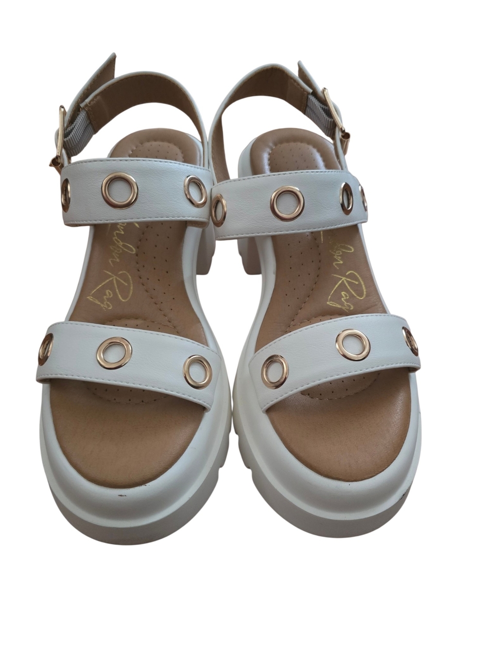 White Platform Sandals with Gold Eyelet Accents